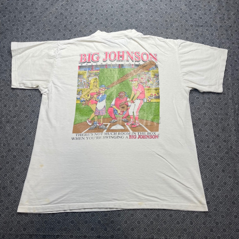 Vintage Big Johnson Baseball Bats‎ T-Shirt 90s Oneita Single Stitch White Large